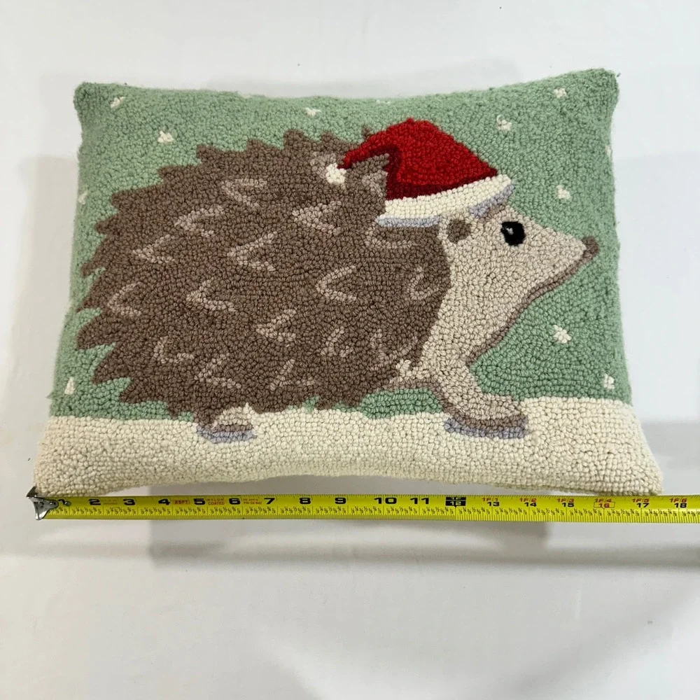 Grandin Road Christmas Hedgehog Hooked Wool Lumbar Pillow 14x18 Green Santa Hat